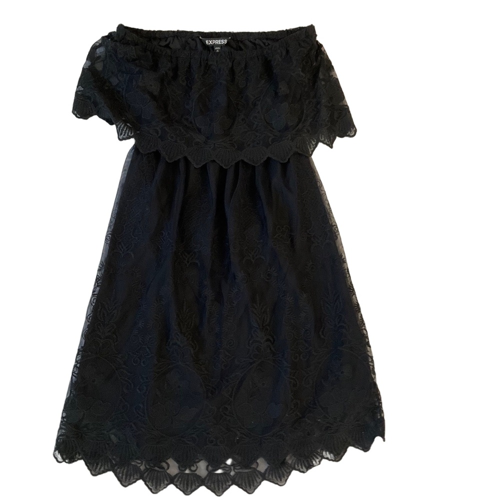 Express‎ Black Lace Off The Shoulder Short Sleeve Scalloped Hem Festival Dress M